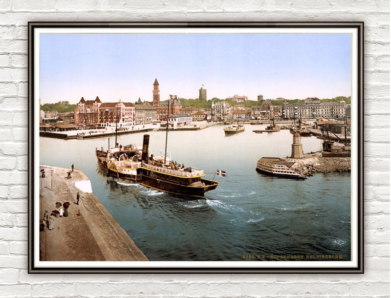 Vintage Photo of Sweden, Helsingborg harbor and city hall 1897 - product images