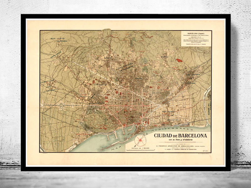 Old Map of Barcelona Spain Cataluña 1900 Vintage map Barcelona - VINTAGE MAPS AND PRINTS