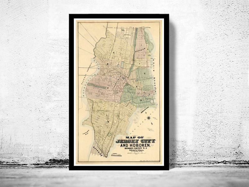 Old Map of Jersey City and Hoboken Hudson County 1882 Vintage Map Wall