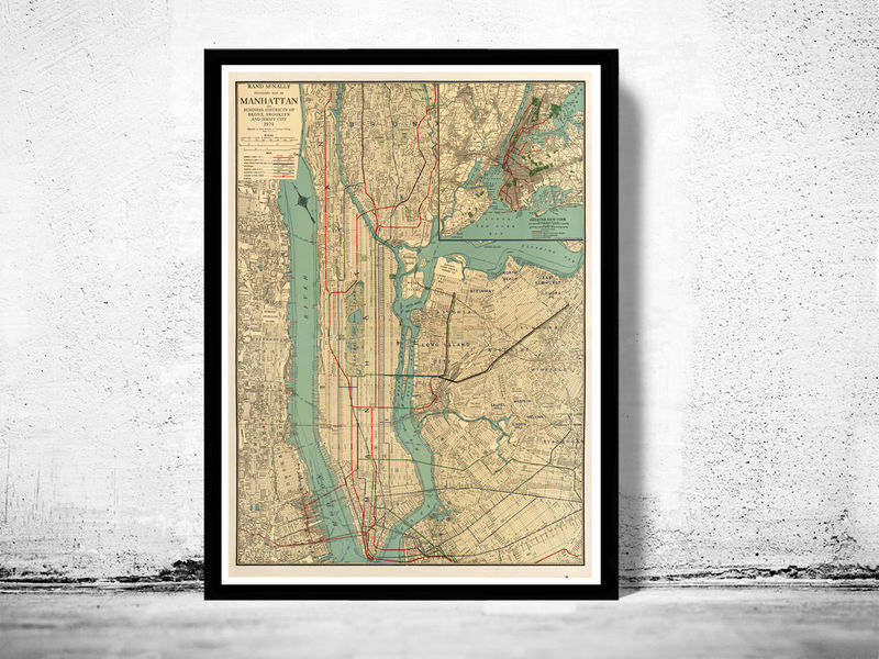 ヴィンテージ NYマップ　フレーム付き Old Map of New York and Manhattan 1924 Vintage Map Wall Map