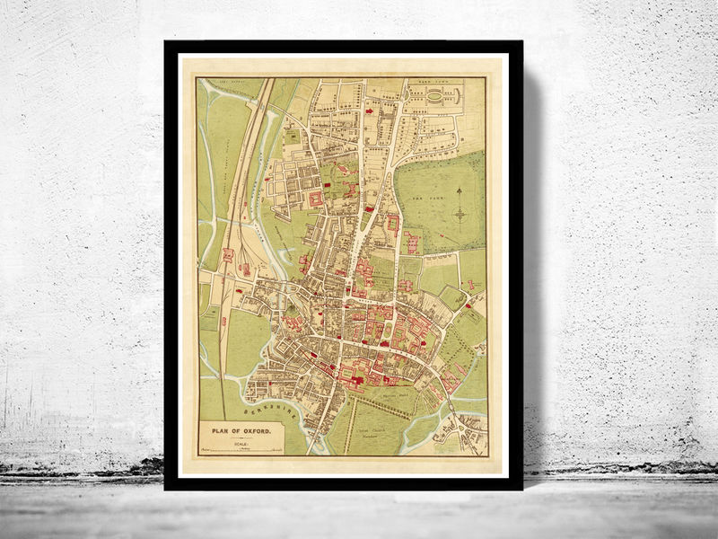 アンティーク　Oxfordの風景　1910 Old Map of Oxford 1910 England Vintage Map Wall Map Print