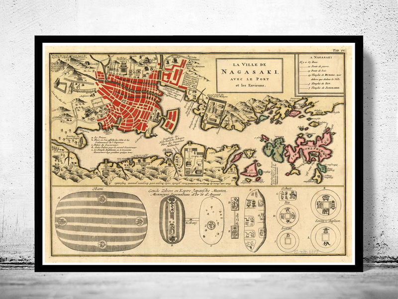 Old Map of Nagasaki 1750 Japan Vintage Map Wall Map Print