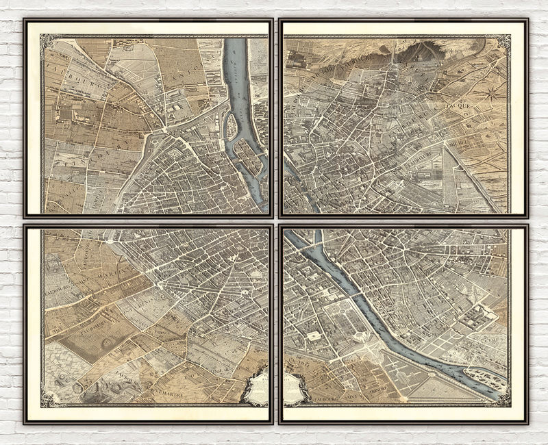 Old Map of Paris Turgot Map 1739 (four plates) Vintage Map