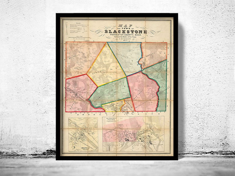 Old Map of Blackstone Massachusetts 1854 Vintage Map Wall Map Print