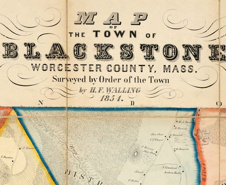 Old Map of Blackstone Massachusetts 1854 Vintage Map Wall Map Print