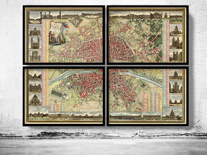 Old map of Paris 1784 - 4 PIECES Vintage Map Wall Map Print
