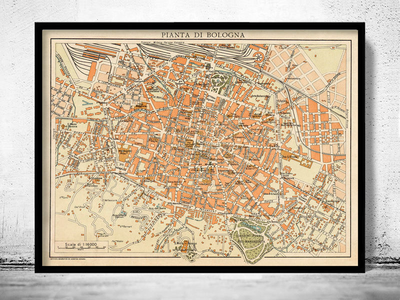 Old tourist map of Bologna, 1953. monuments map, fine reproduction
