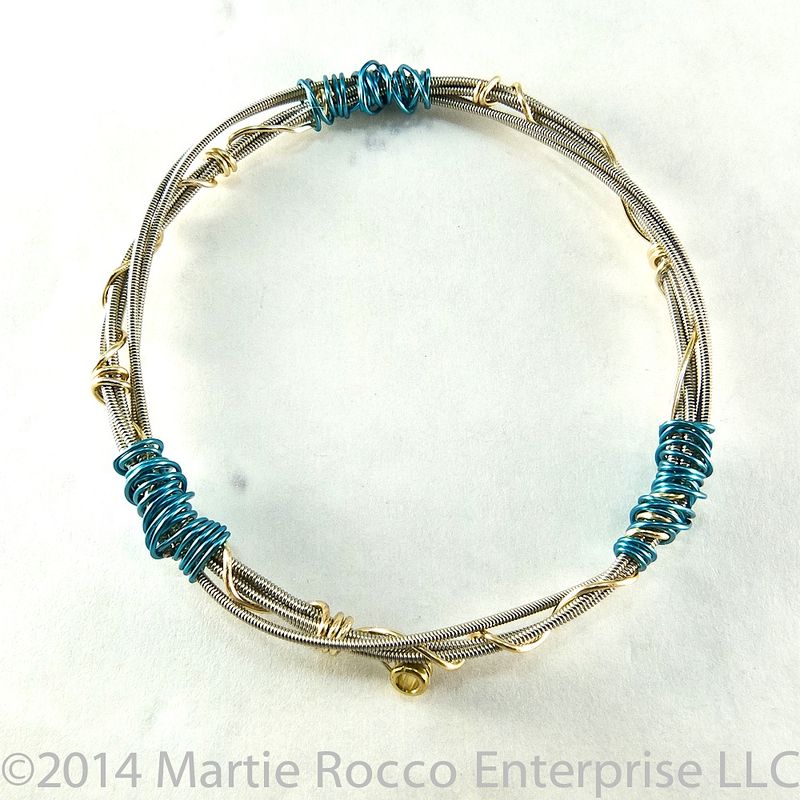 Guitar String Bangle bracelet double coiled brass and blue wire wrap