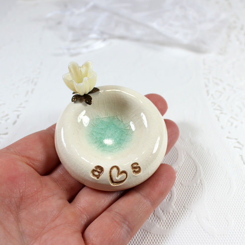 Personalized flower wedding ring holder with initials, engagement gift ...
