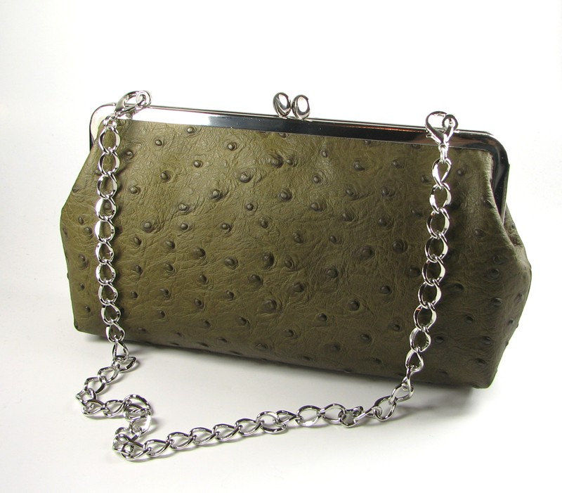 Ostrich Embossed Leather Frame Clutch with Chain Bag Handbag On Sale