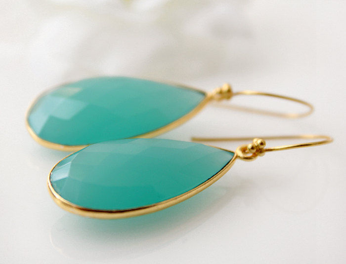 Long Aqua Chalcedony Earrings Blue Green Dangle Gemstone Drop Long Aqua Chalcedony Earrings Blue Green Dangle Gemstone Drop 24k Gold Vermeil Bygerene