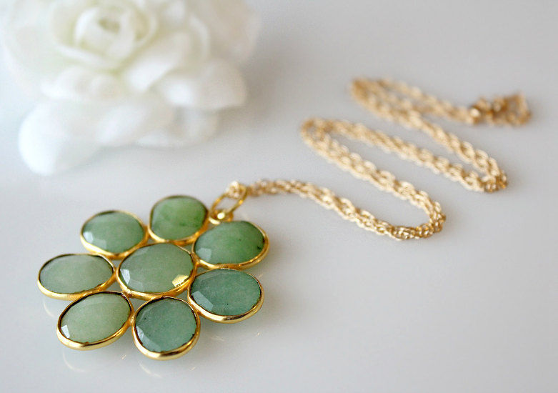 Large Chrysoprase Daisy Style Necklace, Statement Necklace  