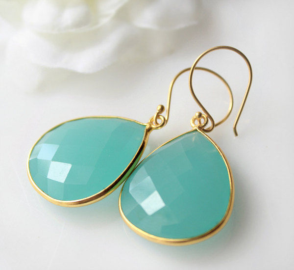 Medium Aqua Chalcedony Drop Earrings Genuine Chacedony Seafoam Medium Aqua Chalcedony Drop Earrings Genuine Chacedony Seafoam Blue Green Dangle Gemstone Gold Vermeil Bygerene