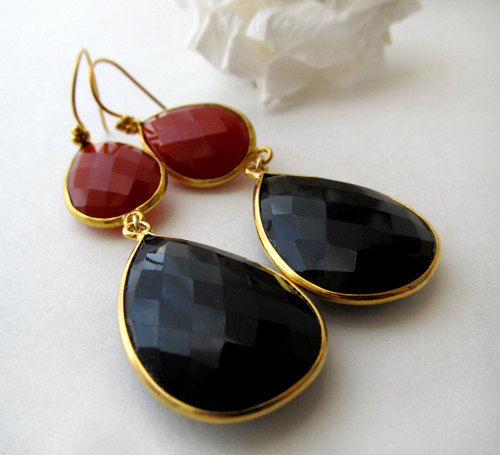 Long Red Black Gemstone Earrings And Onyx Double Drop Long Red Black Gemstone Earrings And Onyx Double Drop