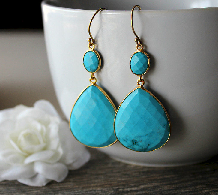 Extra Large Blue Turquoise Double Drop Earrings Genuine Extra Large Blue Turquoise Double Drop Earrings Genuine Stones Jewelry Gold Vermeil Dangles Bygerene