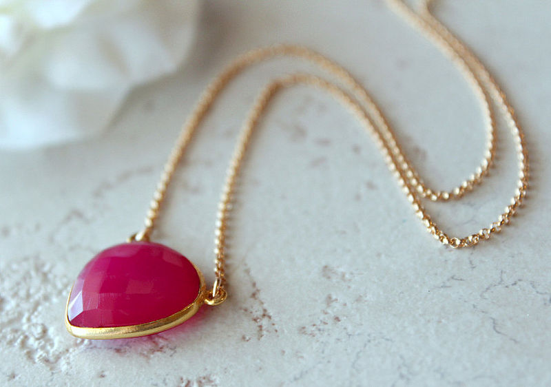 Fuschia Chalcedony Heart shape Drop Pendant Necklace, Dark  