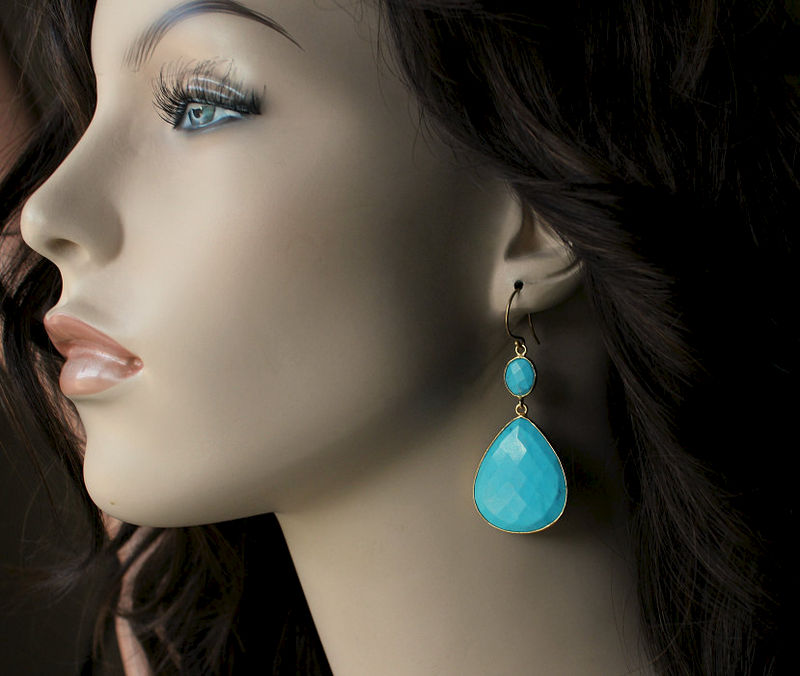Large Blue Turquoise Double Drop Earrings Genuine Turquoise Jewelry Large Blue Double Drop Earrings Genuine Stones