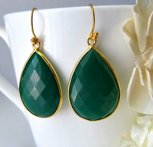 Large Natural Green Onyx Dangle Earrings Emerald Bezel Large Natural Green Onyx Dangle Earrings Emerald Bezel Gemstone Gold Vermeil Drop Fashion Trend Teardrop Bygerene