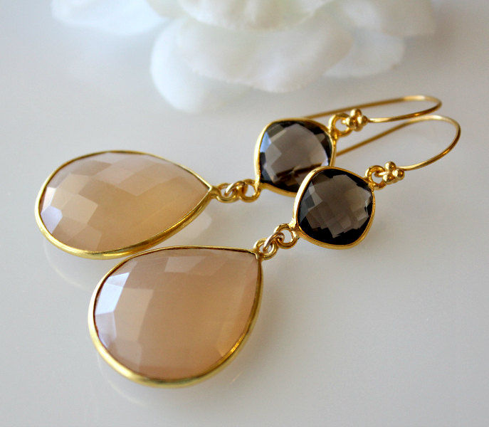 Long Beige Chalcedony Double Drop Earrings Smokey Quartz Long Beige Chalcedony Double Drop Earrings Smokey Quartz Gemstone Gold Vermeil Chamoise Sand Bygerene