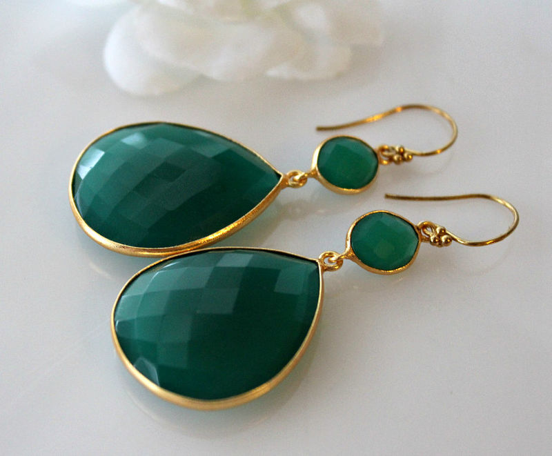 Extra Large Green Onyx Double Drop Earrings Dual Extra Large Green Onyx Double Drop Earrings Dual Dangle Gold Vermeil