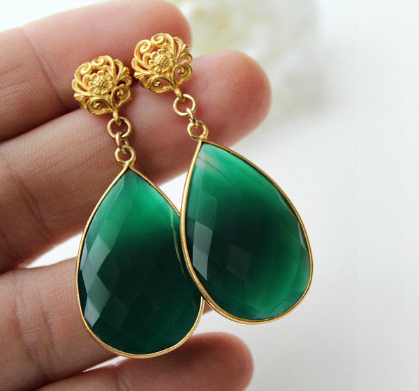 Fancy Green Onyx Teardrop Earrings Large Emerald Gold Fancy Green Onyx Teardrop Earrings Large Emerald Gold Vermeil Dark