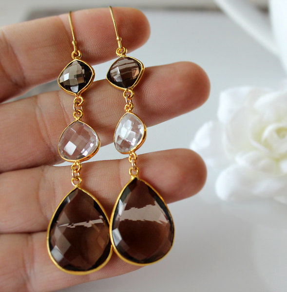 Long Smokey Quartz And Rock Crystal Drop Earrings Brown Triple Long Smokey Quartz And Rock Crystal Drop Earrings Brown Triple Dangle 24k Gold Vermeil Large Teardrops 3 Inches Bygerene