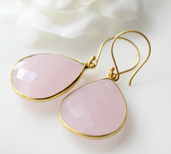Pink Rose Quartz Drop Earrings Dangle Pink Rose Quartz Drop Earrings Dangle Linen Gemstone Teardrops Light Bezel 24k Gold Vermeil Bygerene