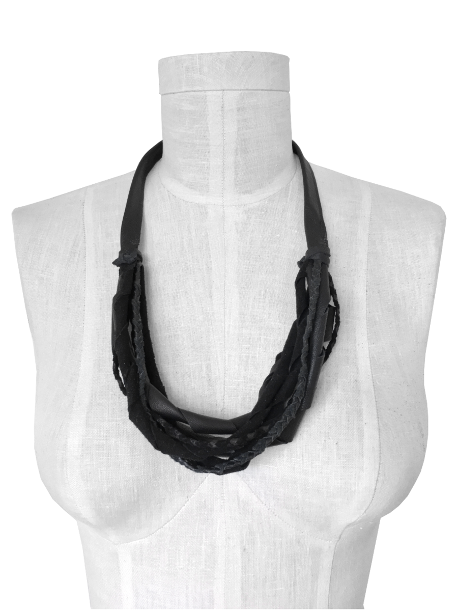 Leather strap necklace, multi strand in black goatskin Mano Bello