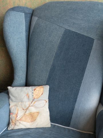Recycled,Denim,Wingback,Chair,recycled fabric, recycled denim, upcycled, wingback chair, vintage, funky denim, wing it, recycled jeans, refurbished chair, salvaged material, chair, funky chair, reclaimed fabric