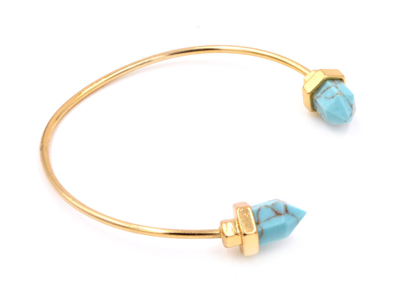 Turquoise Stone Hexagon Prism Point Open Cuff Bracelet in Gold Tone (in