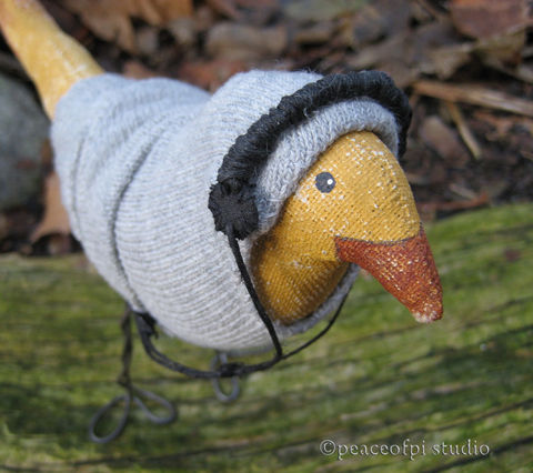 Bird,with,Hoodie,Headphones,Soft,Sculpture,Prim,Art,Doll,art doll, soft sculpture, bird, hoodie, headphones, ipod, sweater, painted, fabric, prim, hood, wire, golden yellow, grey, gray, black, rust brown, fiber art, stuffed, leathery, sewn, sewing, stitched, music, cotton, mixed media,3D object, folk art, canad