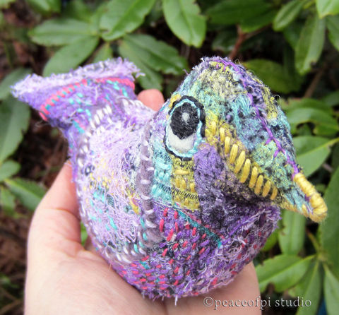 Folk,Art,Bird,Prim,Embroidery,Soft,Sculpture,folk art, soft sculpture, bird, prim, embroidery, softie, primitive, fiber art, art doll, fabric, vintage fabric, hand stitched, hand sewn, sewing, stuffed, purple, lavender, yellow, pastel, turquoise, pink, rose pink, handmade, one of a kind, canada, pea