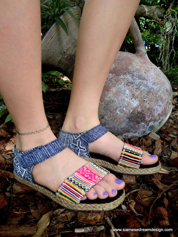 Kristy Flat Vegan Womens Sandals In Colorful Hmong Embroidery & Deep
