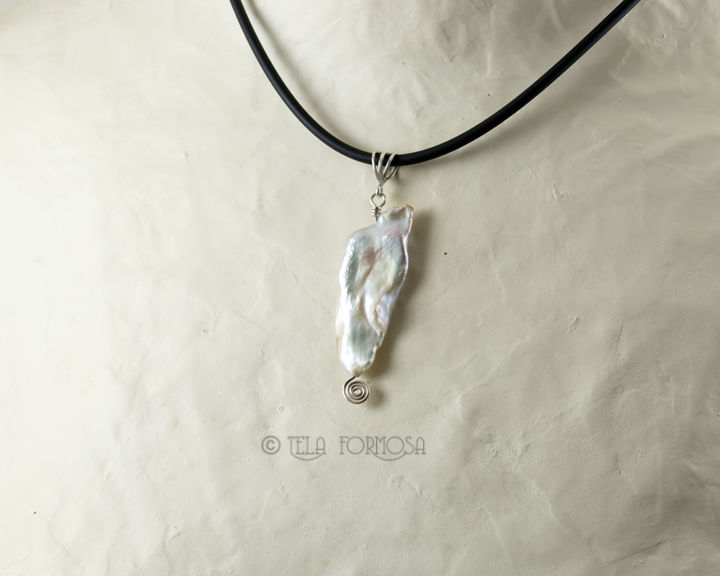 Large Stick Pearl Pendant Biwa Rainbow Sheen Sterling Silver Large Stick Pearl Pendant Biwa Rainbow Sheen Sterling Silver Wire Wrapped Handmade Images