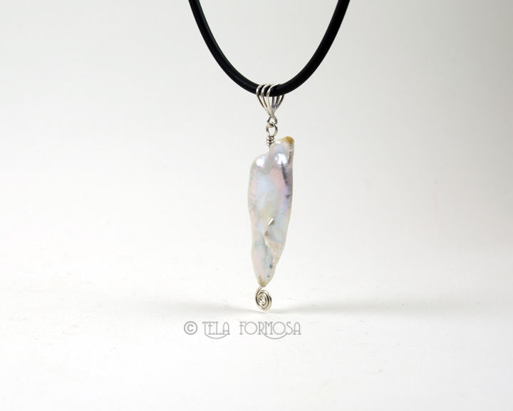 Large Stick Pearl Pendant Biwa Rainbow Sheen Sterling Silver Large Stick Pearl Pendant Biwa Rainbow Sheen Sterling Silver Wire Wrapped Handmade Telaformosa
