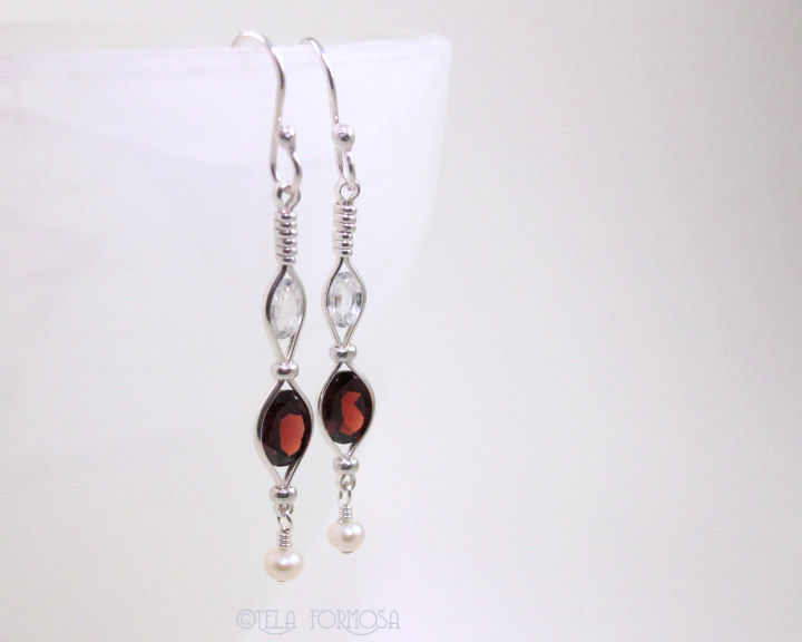 Wire Wred Natural Gemstone Garnet Earrings Zircon Pearl Handmade Wire Wred Natural Gemstone Garnet Earrings Zircon Pearl Handmade Silver Long Red Product Images
