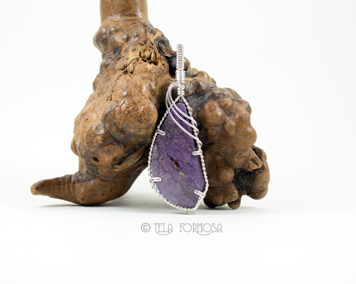 sugilite pendant prong set wire wrapped sterling silver tela formosa