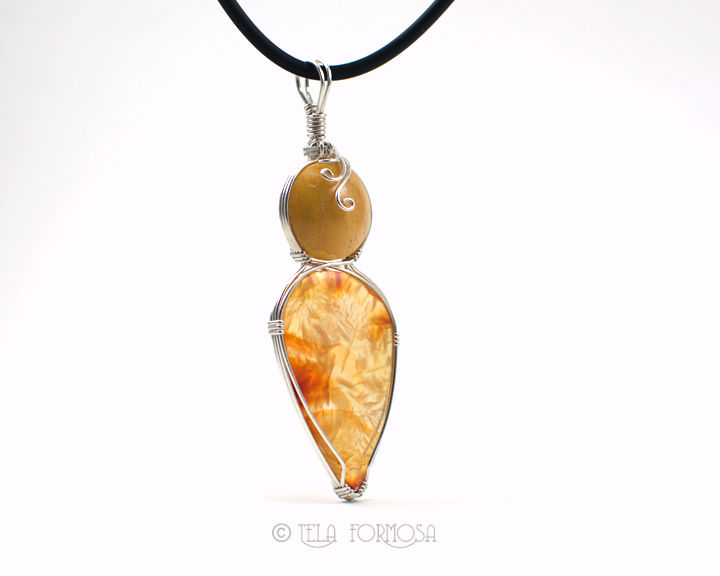 Wire Wrapped Two Stone Pendant Carnelian Quartz Yellow Orange Natural Sterling Silver