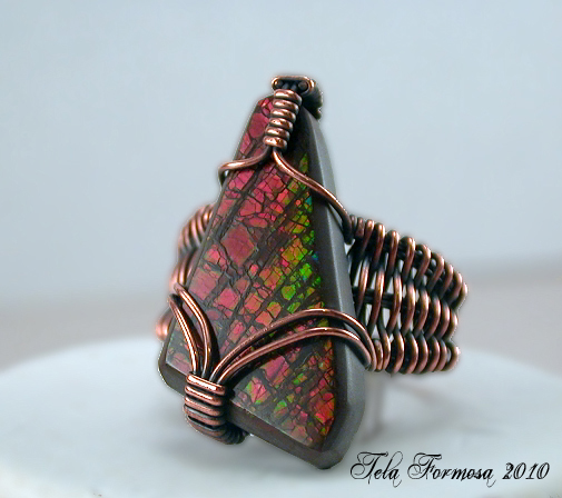 ammolite ring handcrafted copper wire wrapped tela formosa