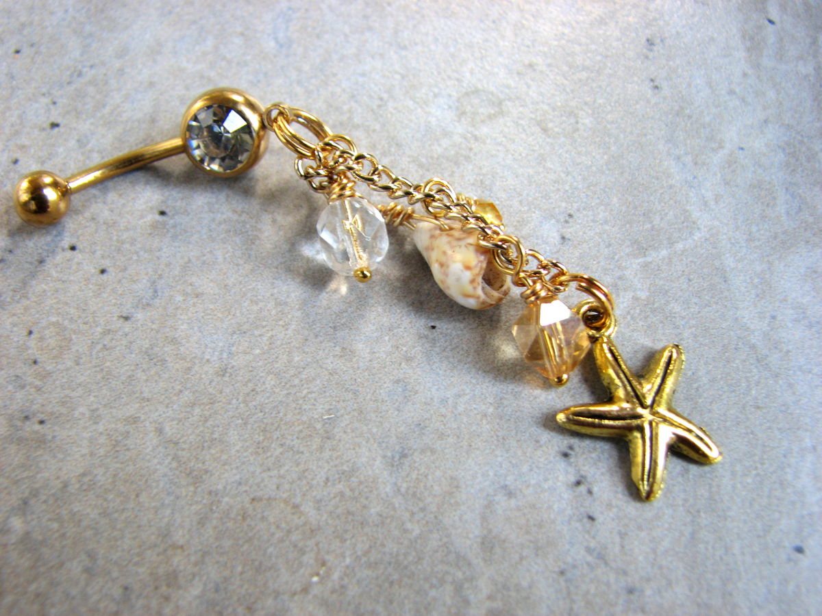 Dangling Gold Titanium Beach Belly Button Ring with Starfish Bits off
