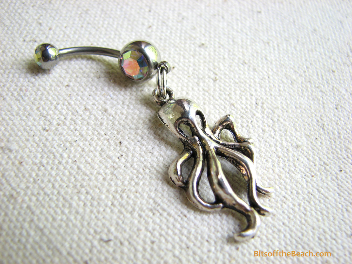 Silver Octopus Belly Button Piercing, Kraken Body Jewelry Bits off