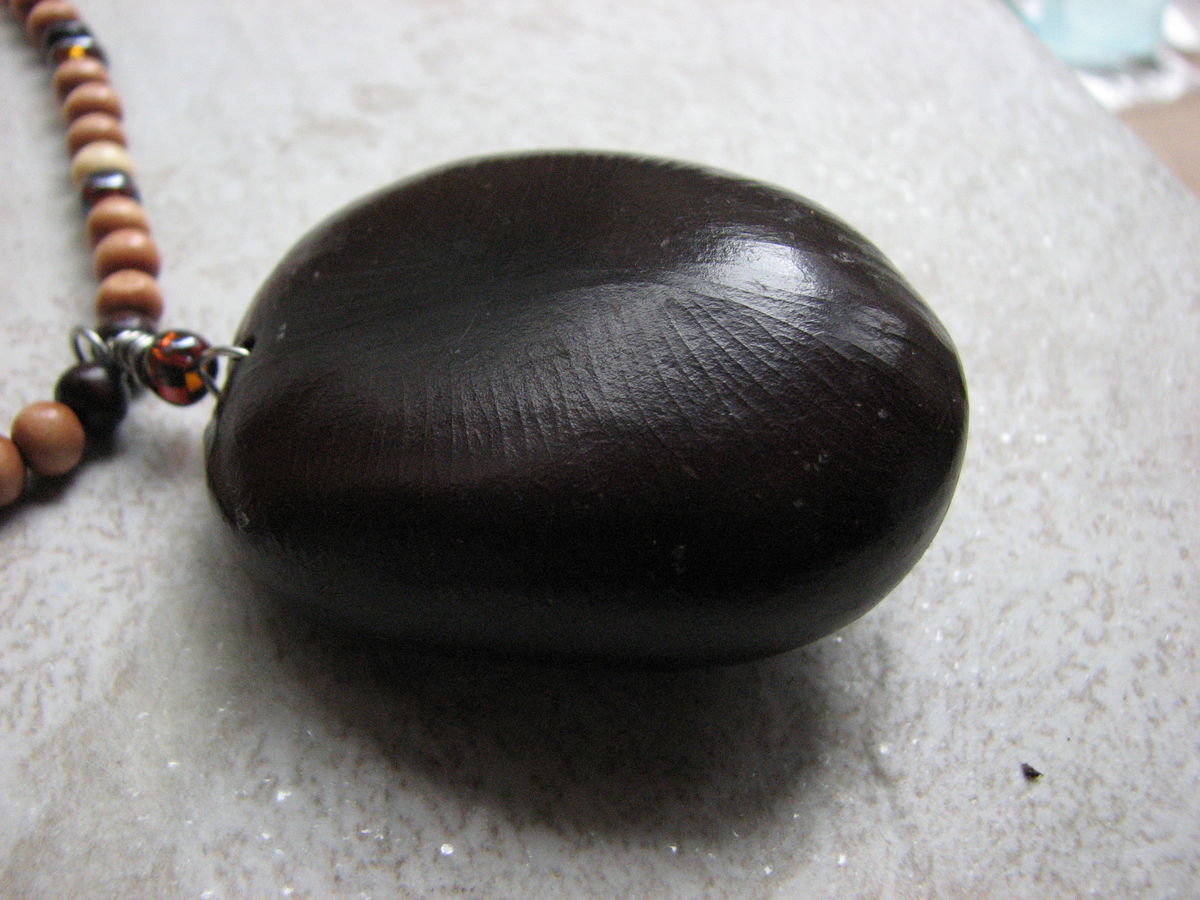 Sea Heart Necklace, Wood Bead and Large Natural Sea Bean Jewelry Bits
