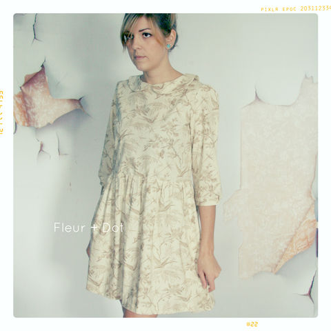 Womens,Bird,in,Paradise,Peter,Pan,Collar,Dress,with,Full,Skirt,from,Fleur,+,Dot's,Women,Spring,Summer,2013,Collection,women, dress, full skirt, peter pan collar, peter pan collar shift, tan, floral, bird, women's dress, spring, summer