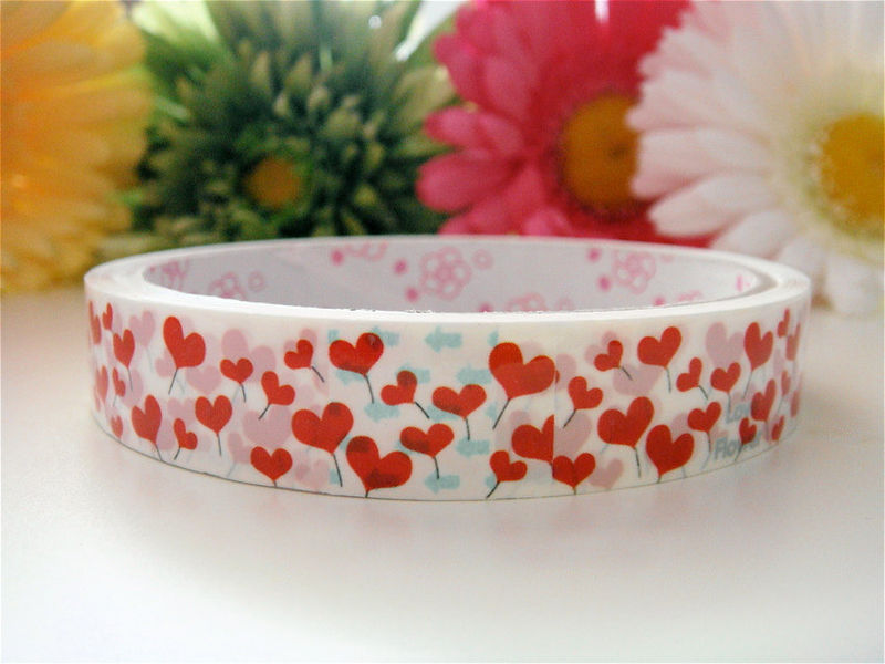 Sticker Deco Tape Kawaii - Blooming Red Hearts Flowers - Medium Roll - Cute Japanese Packaging Zakka - product images