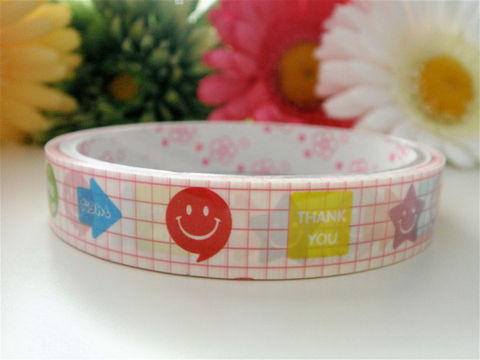 Kawaii,Japanese,Deco,Tape,-,Smiley,Face,Love,Thank,You,Medium,Roll,Cute,Sticker,Zakka,Supplies,Commercial,packaging,deco_tape,zakka,japanese_deco_tape,kawaii_deco,decorative_tape,kawaii_sticker,cute_kawaii_japanese,pink,embellishment,smiley_face,stars,thank_you