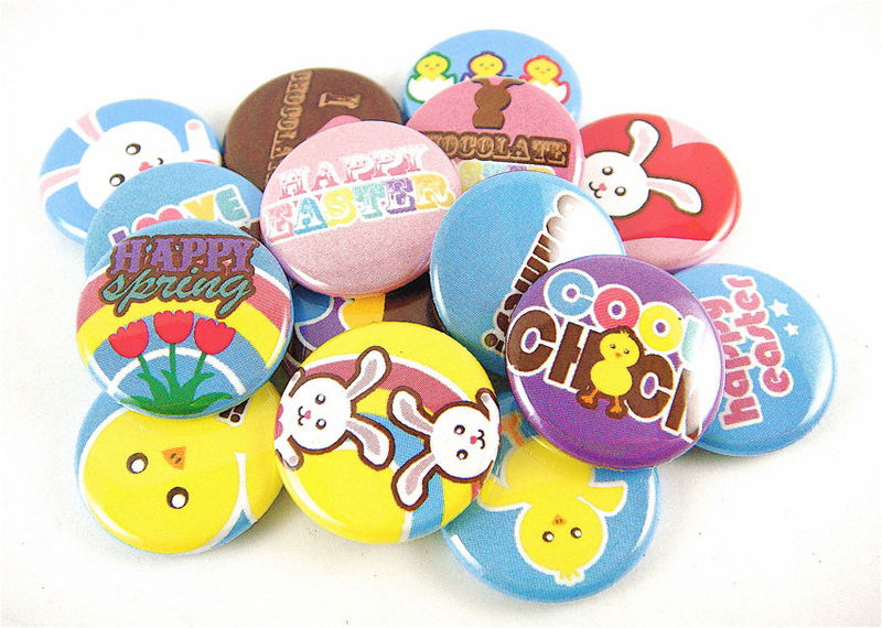 Easter Chicks Bunnies Eggs Pastel Buttons Basket (Set of 15) - Pinback or Flat Back Buttons - product images  of 