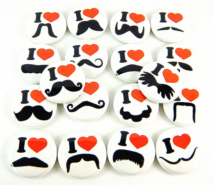 Mustache Love and Hearts in White (Set of 18) - 1 inch Pinback Buttons or Flat Back Cabochons - product images  of 