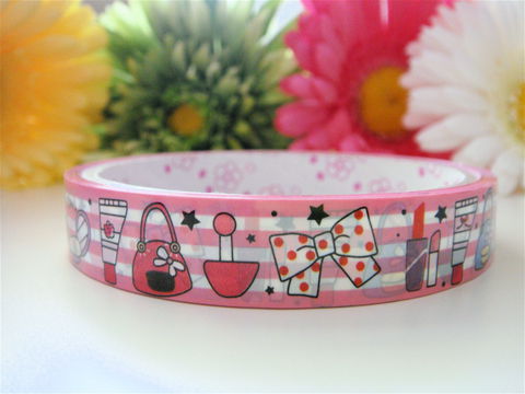 Kawaii,Deco,Tape,-,Makeup,and,Bows,Medium,Japanese,Stationery,Supplies,Commercial,kawaii,packaging,gift_wrap,zakka,japanese_deco_tape,decorative_tape,kawaii_sticker,kawaii_deco_tape,red_pink,ribbon_lace,bows_hair_gift,girly_girl,rainbow_stripes,deco_tape