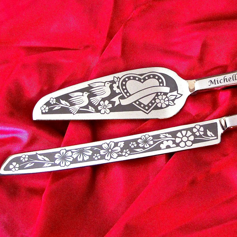 Personalized Engraved Dove Heart Wedding Cake Server and Knife Set
