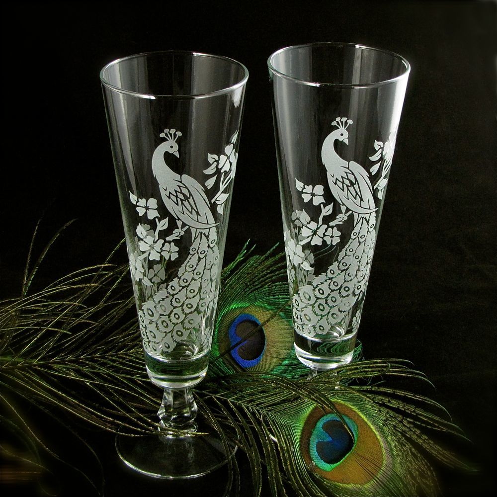 Peacock Wedding Decor, Personalized Toasting Flutes, Etched Glass